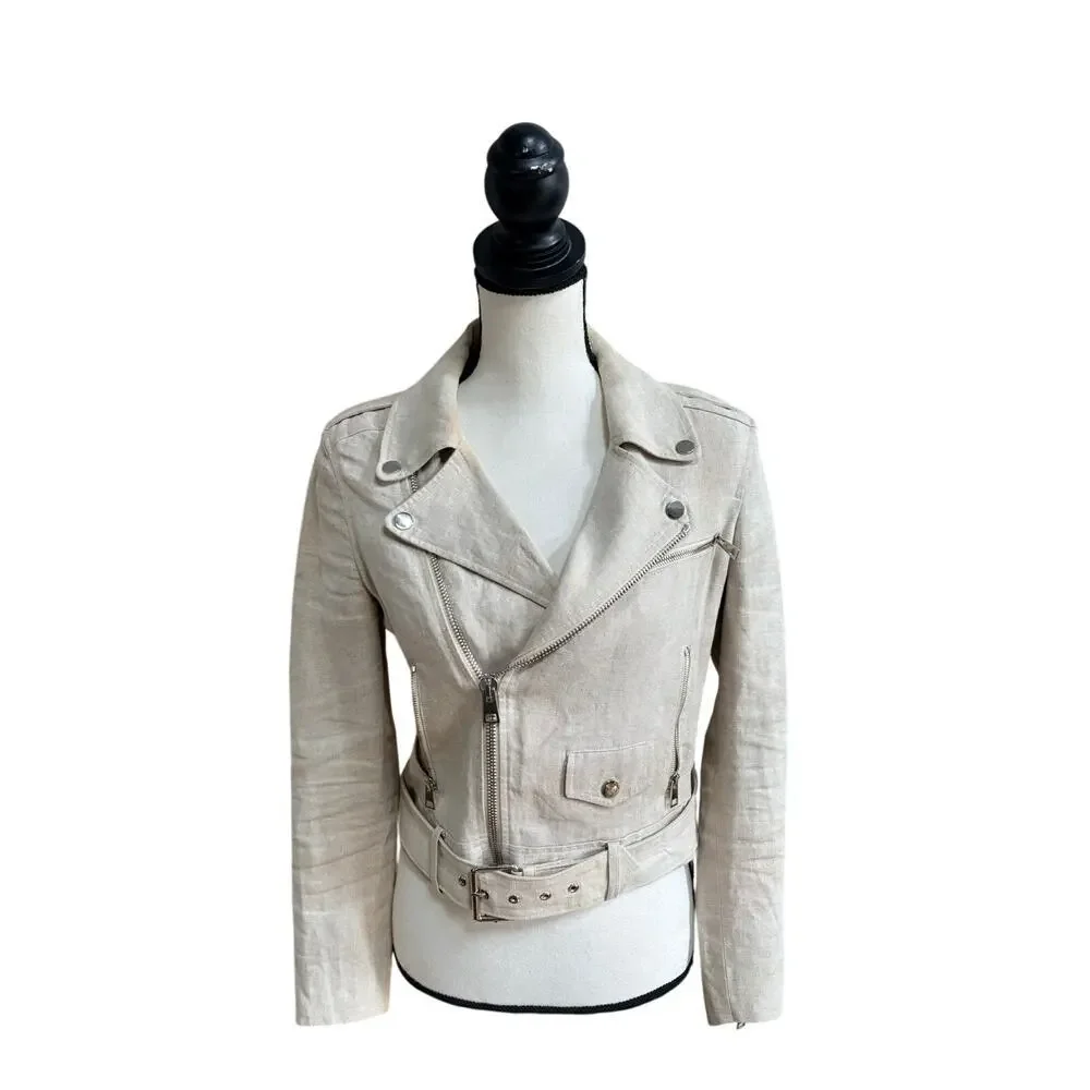 Theory Linen Moto Jacket Womens Medium Beige Lightweight Belted Biker